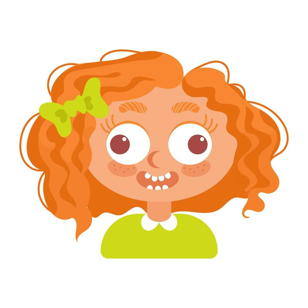 Crazy cheerful curly-haired red-haired girl with a bow. In cartoon style. Human emotions vector