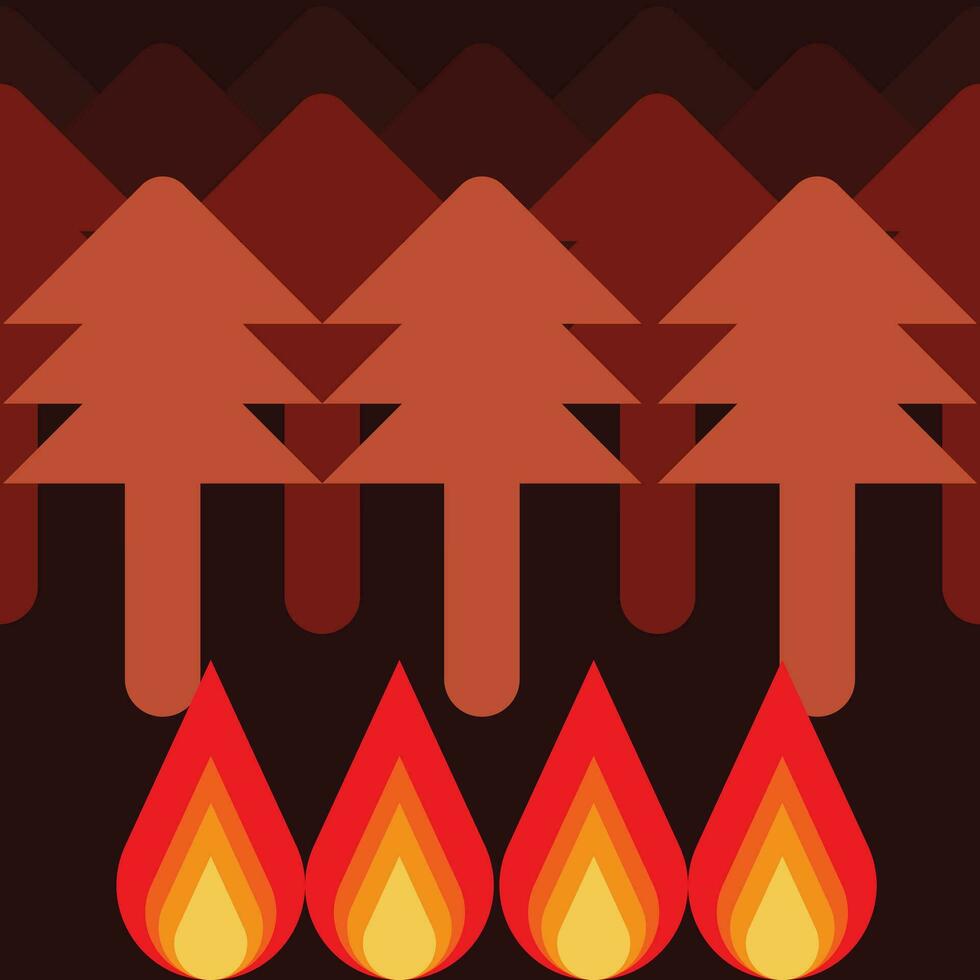 Forest Fire With Flames Vector Style Burning Forest Illustration.