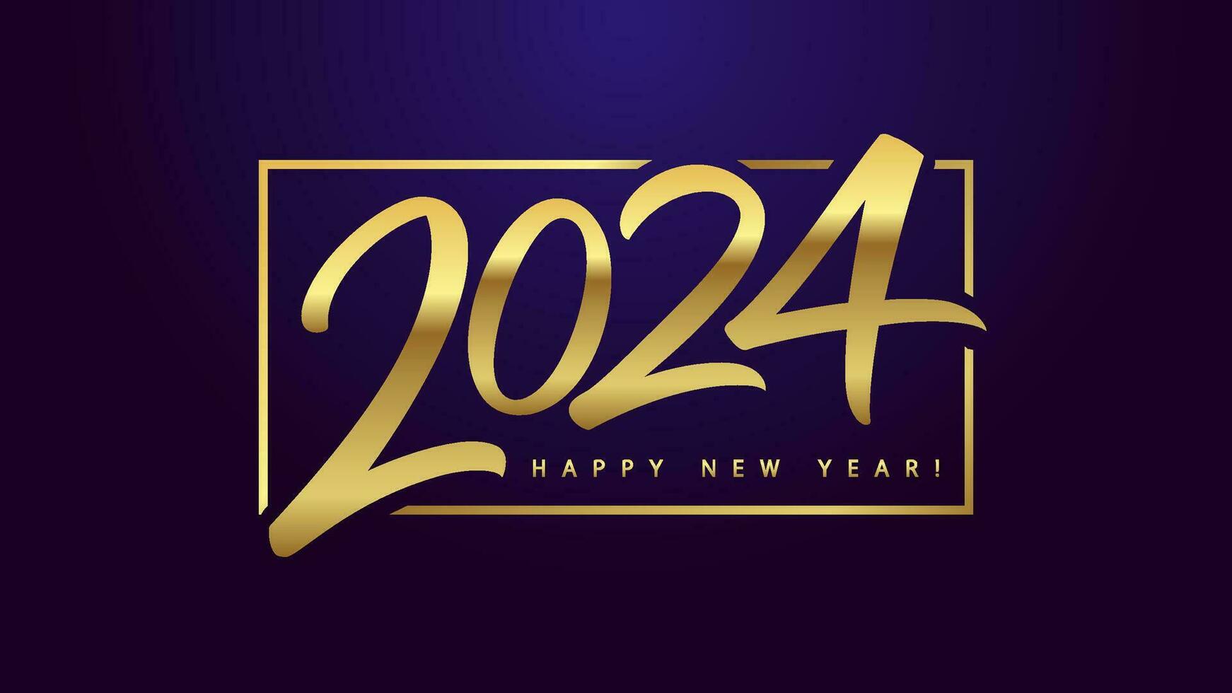 A Happy New Year 2024 horizontal golden icon. Decorative concept. Greeting card design. Creative number logo with shiny gold gragient. Luxury design. Background and text concept. Holiday eve emblem. vector