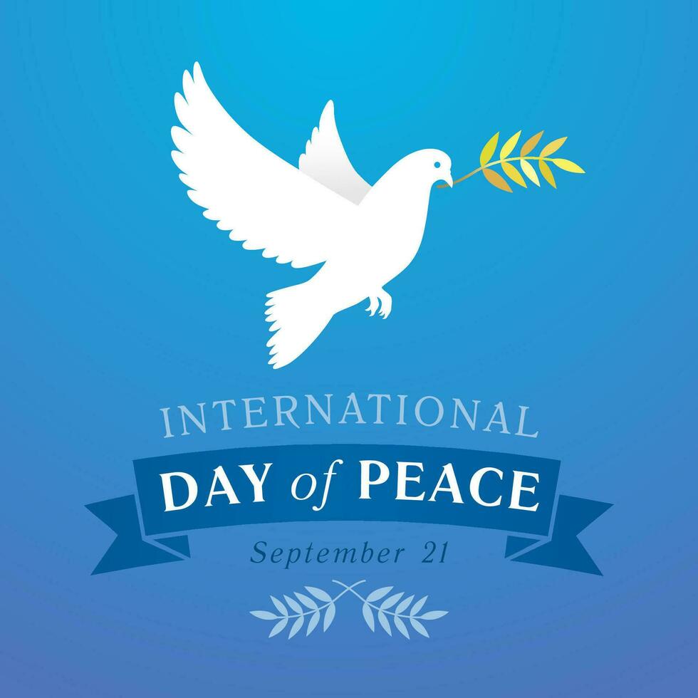 International Day of Peace network poster. Greeting card design. Flying white pigeon. Vector illustration. Social media congratulating post concept. Holiday background. Creative element.