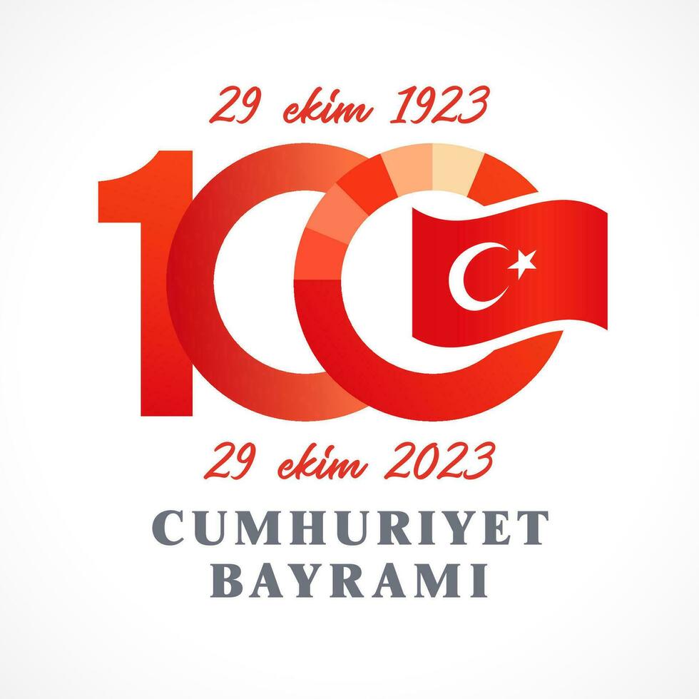 100 years of Republic Day of Turkey October 29. Creative number 100. Turkish state flag. 100th anniversary 1923-2023 banner. Red design. Social media post. Isolated elements. Graphic illustration. vector