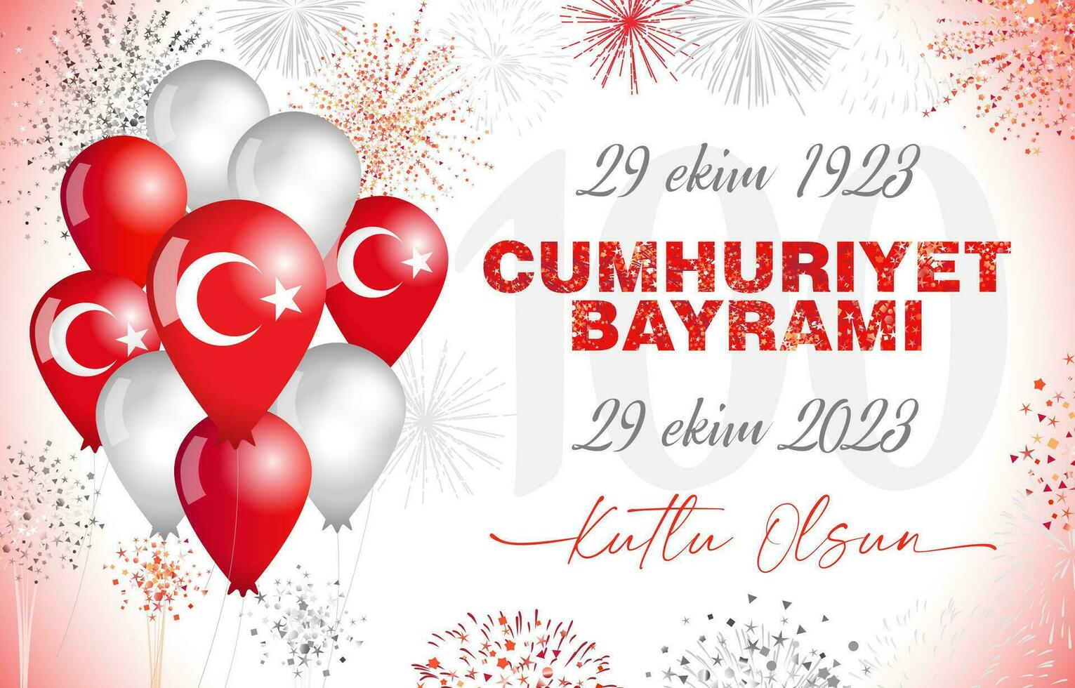 Turkish text, translation is 29 Ekim 1923, 29 Ekim 2023 means 29 October 1923, 29 October 2023. CUMHURIYET BAYRAMI means Republic Day. Kutlu olsun means Happy birthday. Greeting card or banner design. vector