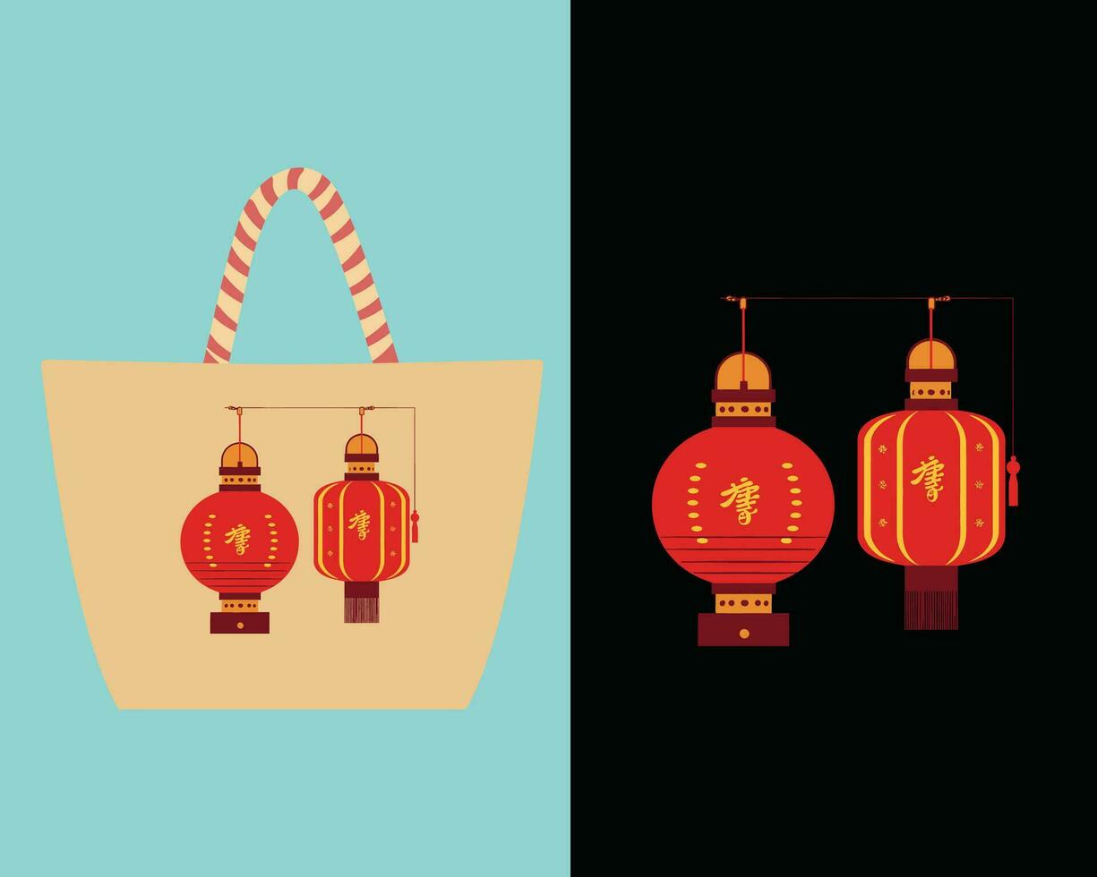 Beige Tote Bag Adorned with Red Chinese Lanterns vector