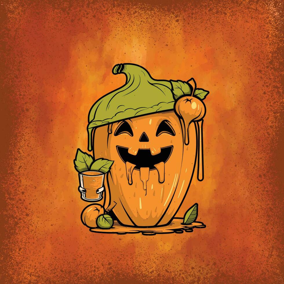 Jack-O-Lantern Enjoying a Beer and Pipe on Autumn Leaves vector