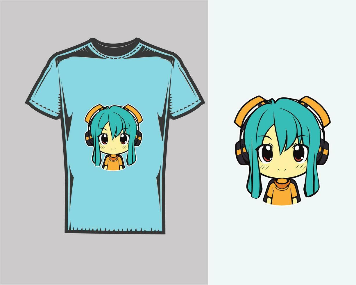 Cartoon Girl with Green Hair on Blue T-Shirt vector