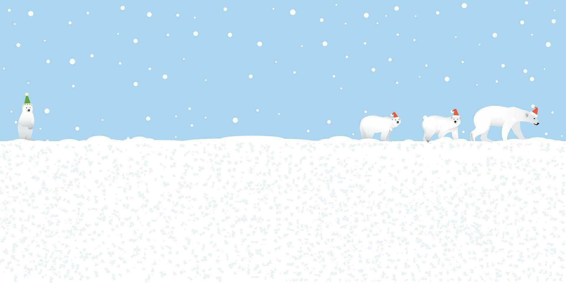 Polar Bear family wearing santa's hat except the last one wearing party hat walking in snowland flat design vector illustration. Merry Christmas and Happy New Year greeting card have blank space.