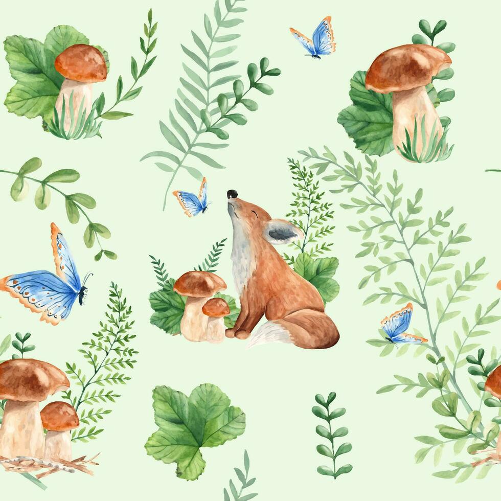 Seamless pattern with cute baby fox, mushrooms, green plants and butterfly on green background. Watercolor hand drawn illustration. Ideal for kids wallpaper, wrapping paper, fabric and textile design. vector