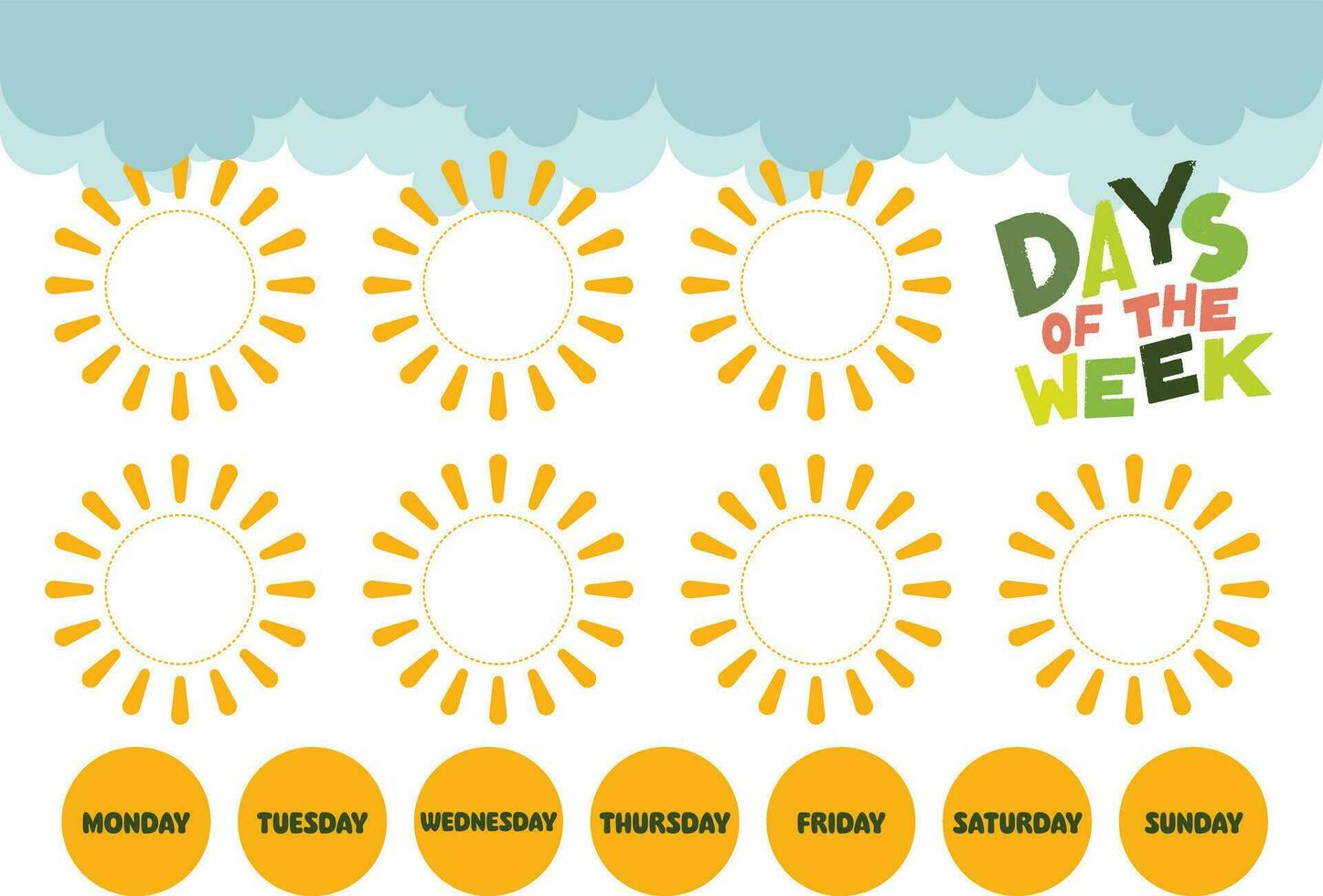flat design vector cute cut and paste days of the week printable worksheet for kids activity