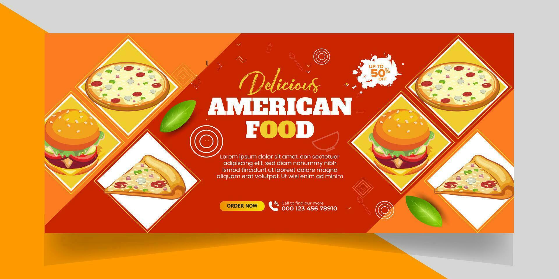 delicioso rápido comida Pizza bandera con social medios de comunicación enviar modelo bandera, restaurante descuento comida hamburguesa bandera diseño, comida menú social medios de comunicación cubrir modelo. vector