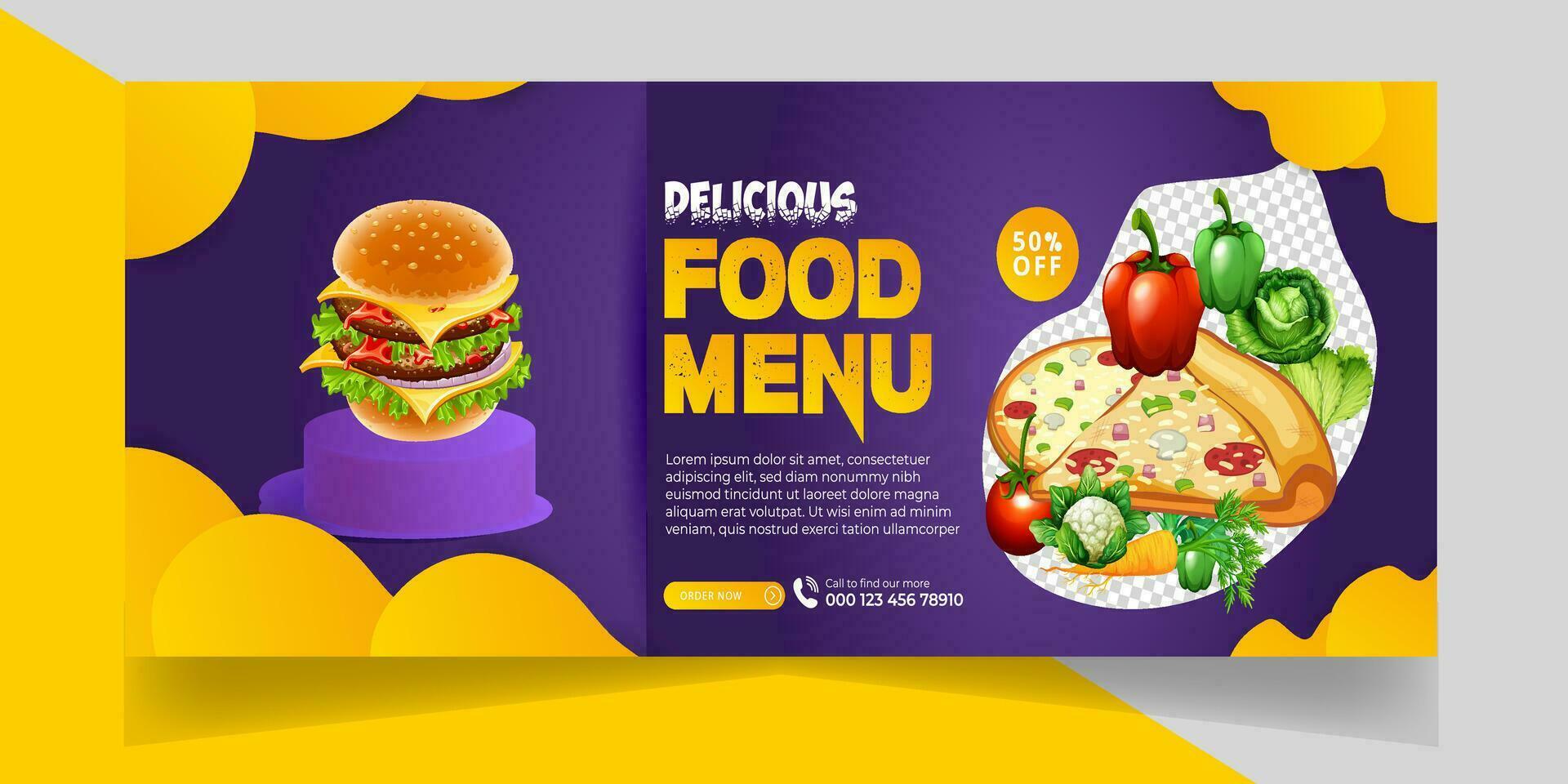 Delicious Fast Food Pizza banner with social media post template Banner, Restaurant discount food Burger banner Design, Food menu social media cover template. vector