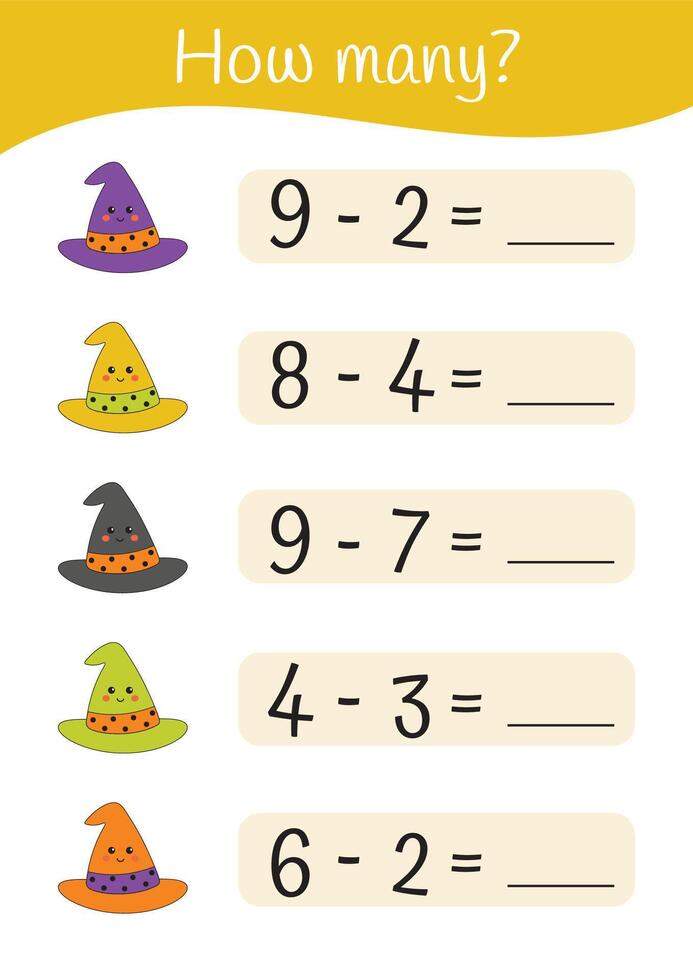 Halloween printable educational math worksheet. Subtraction, counting activities for kids. Math activities for preschoolers kindergarten. Learning mathematic pages. Halloween teacher resources. vector