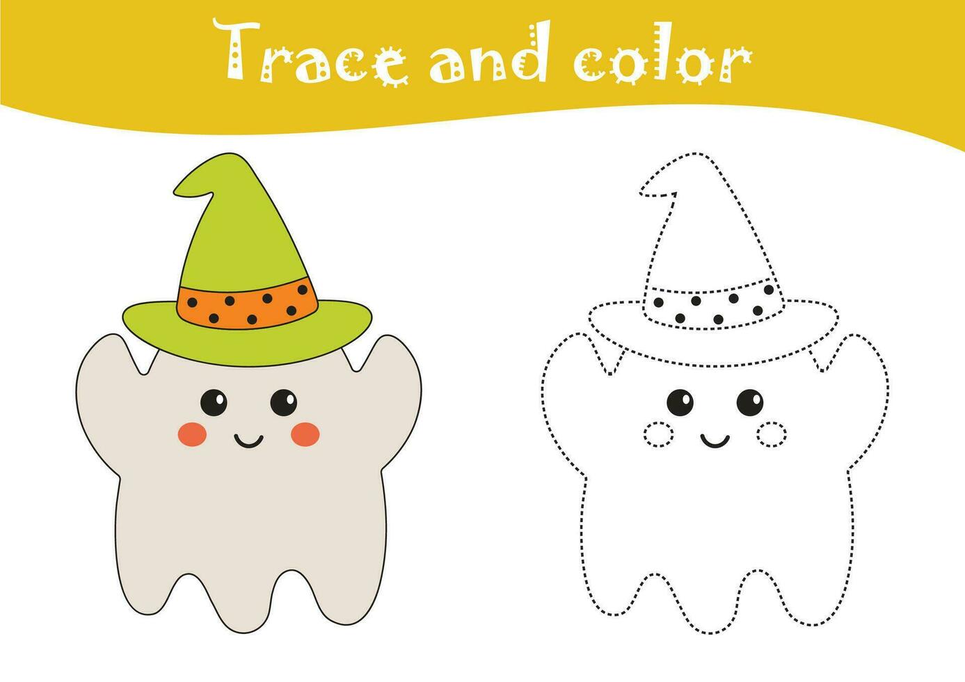 Cute preschool Halloween coloring page. Printable trace and color worksheet, cute ghost, activities for toddlers, kindergarten, homeschooling, learning writing page. Drawing, painting for kids. vector