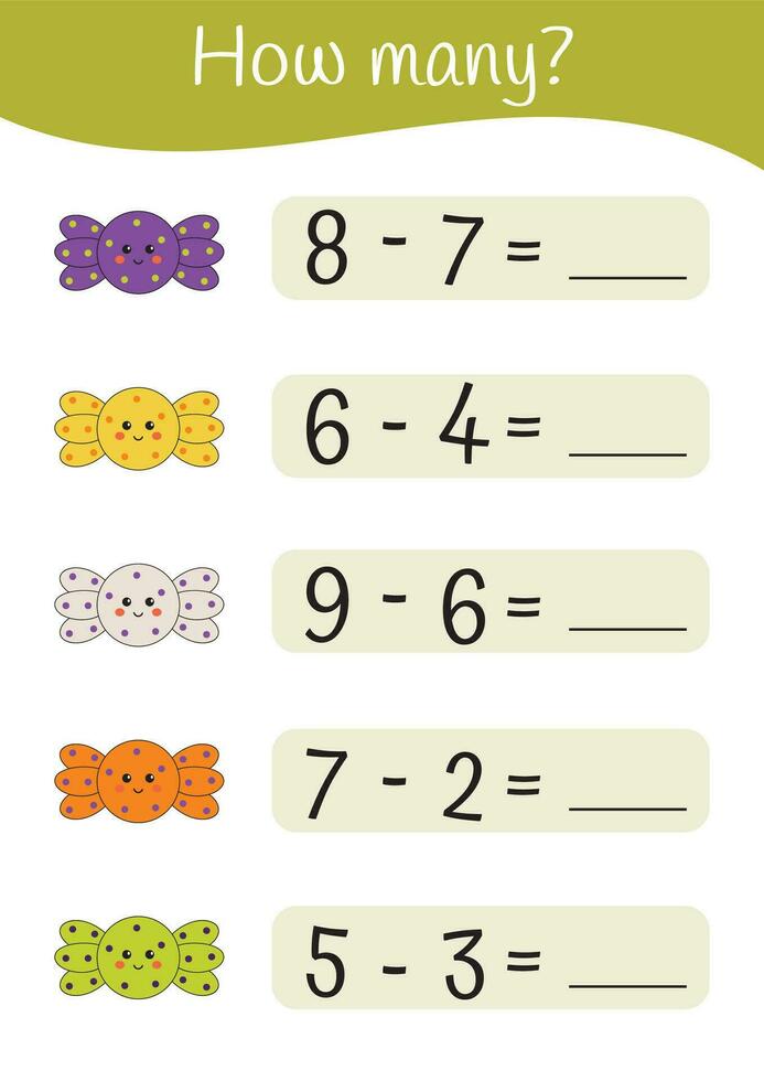 Halloween printable educational math worksheet. Subtraction, counting activities for kids. Educational games for preschoolers and kindergarten. Learning mathematic pages. Halloween teacher resources. vector