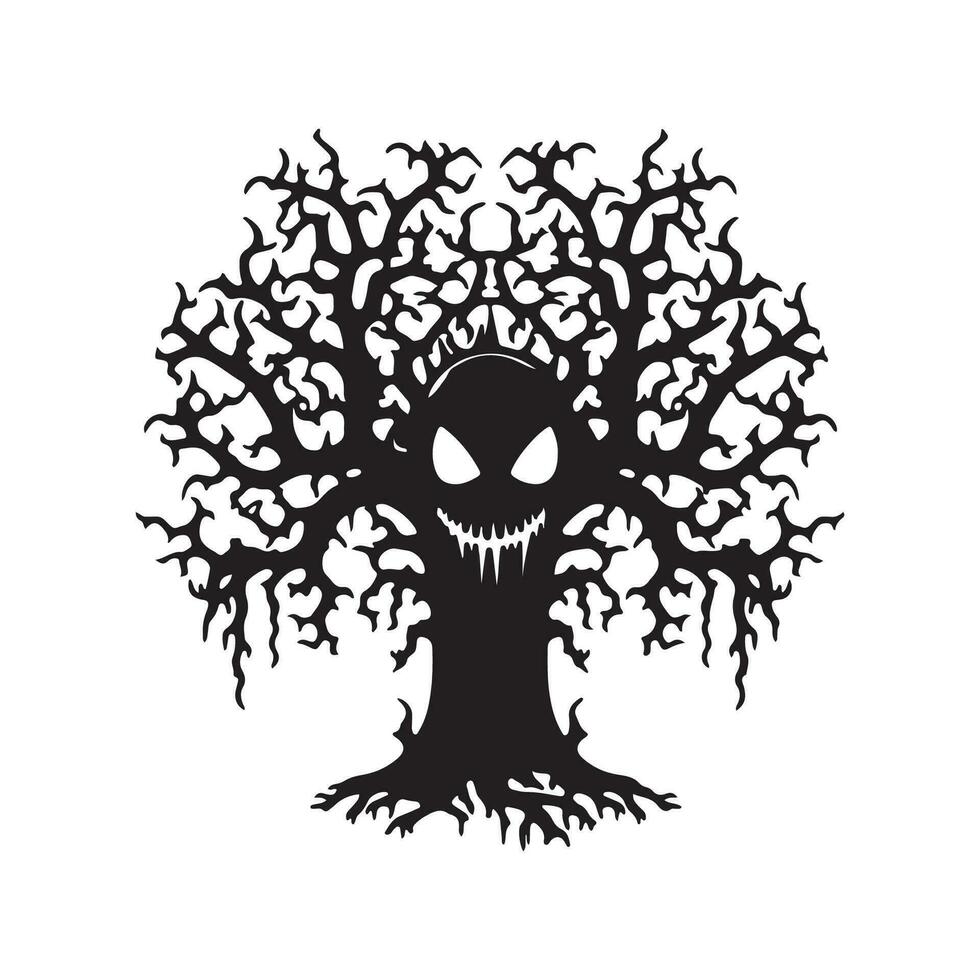 de miedo árbol Víspera de Todos los Santos diseño con siluet estilo y negro y blanco color vector