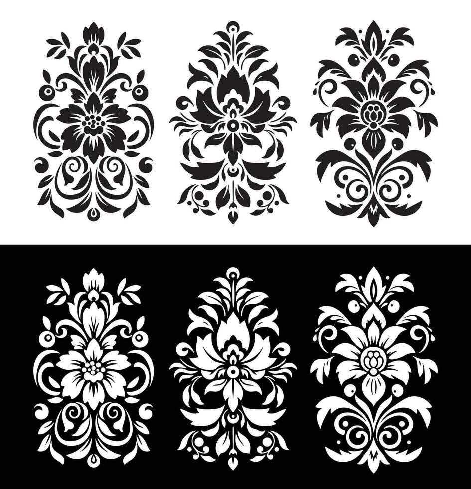 negro y blanco ornamental patrón, en el estilo de simbólico flor, negrita aún agraciado, de repuesto y elegante pincelada, basado en plantillas vector