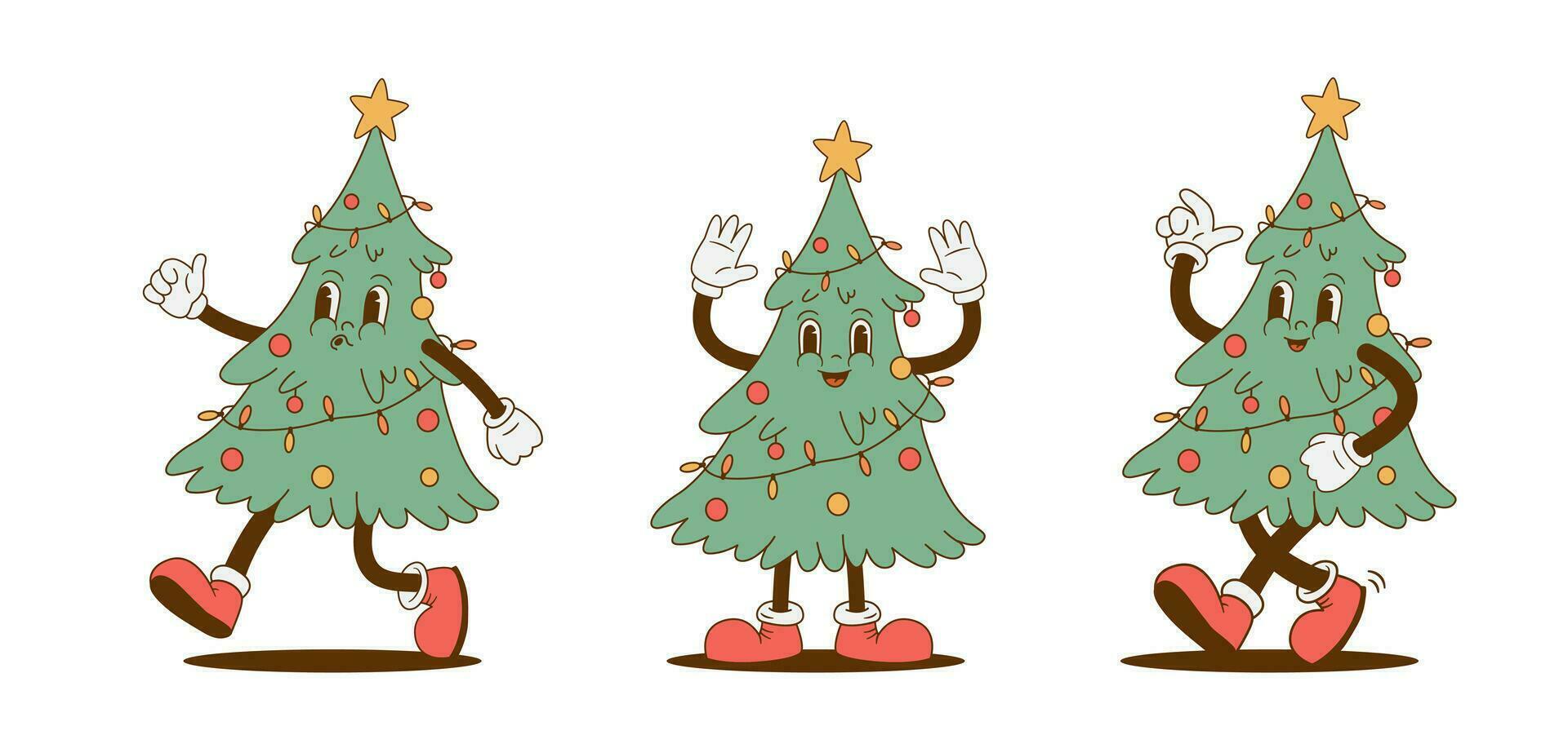 Set of retro cartoon funny Christmas tree characters. Vintage Xmas mascot vector illustration. Nostalgia 60s, 70s, 80s. Happy New Year decoration