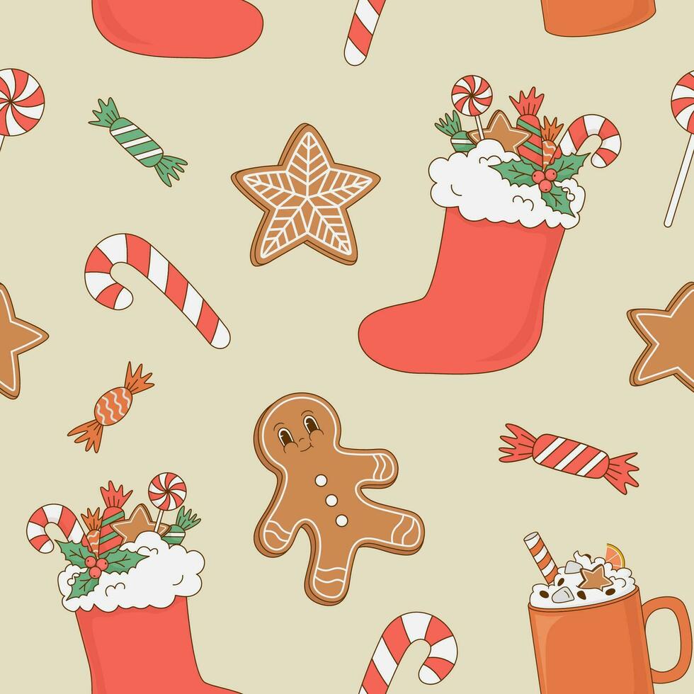 Vintage Christmas seamless pattern with sweets, gingerbread, coffee, candy. Cartoon vector illustration. Wrapping paper, greeting card, print, New Year background