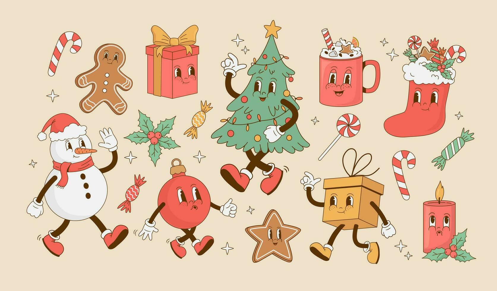 colección de Navidad y nuevo año caracteres en retro estilo. Navidad árbol, regalo caja, latté, dulce, pan de jengibre, muñeco de nieve, pelota dibujos animados mascota vector ilustración. nostalgia años 70, años 80, 60s