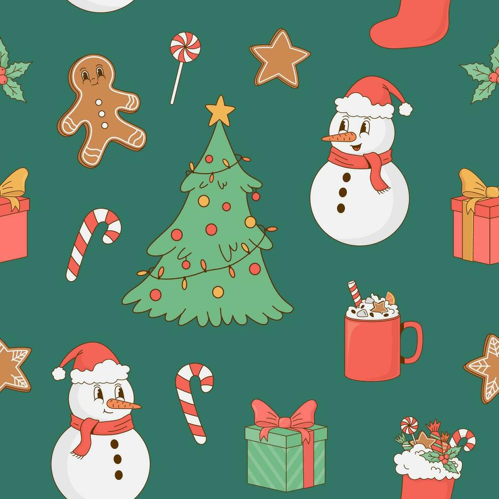 Seamless pattern with retro cartoon Christmas tree, snowman, gingerbread, giftbox, coffee, sweets on green background. Vector illustration. Wrapping paper, greeting card, texture, New Year decoration