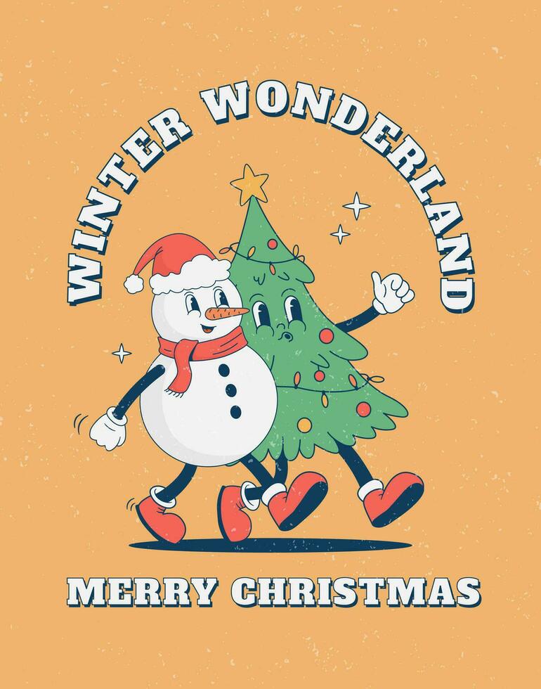 Retro cartoon funny Christmas character poster. Vintage Christmas tree and snowman mascot vector illustration. Nostalgia 60s, 70s, 80s. Xmas, New year decoration, postcard, print