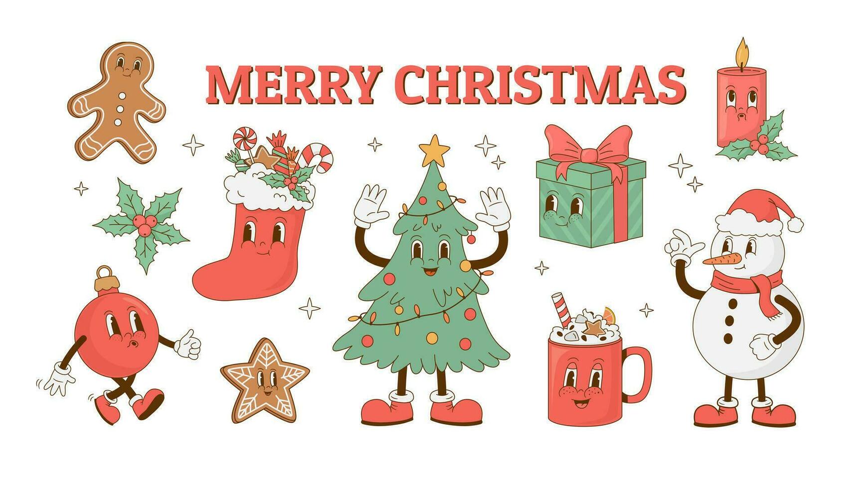 Merry Christmas and Happy New year set in retro style. Christmas tree, giftbox, coffee, gingerbread, snowman, ball cartoon mascot  vector illustration. Nostalgia 70s, 80s, 60s