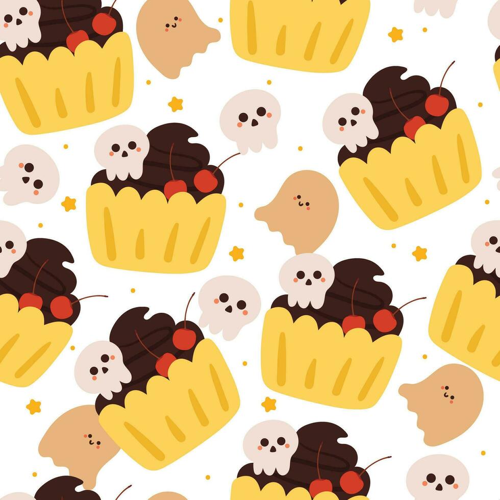 Halloween seamless pattern with cartoon spooky dessert, cupcake, ghost, and halloween element. cute halloween wallpaper for holiday theme, gift wrap paper vector