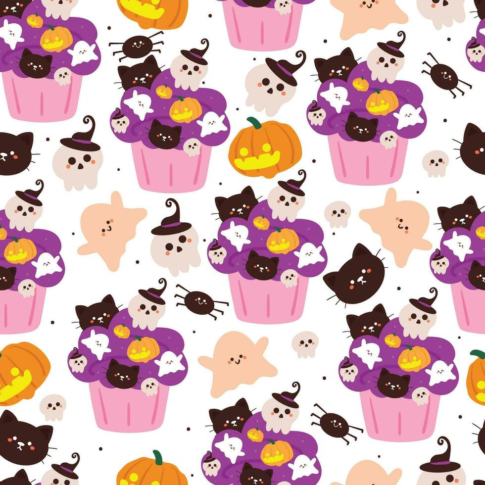 Halloween seamless pattern with cartoon spooky cupcake, ghost, and halloween element. cute halloween wallpaper for holiday theme, gift wrap paper vector
