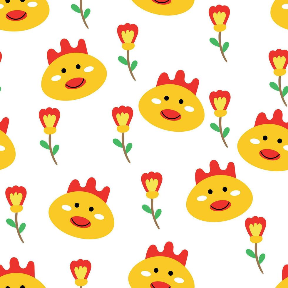 Seamless pattern with cute cartoon chicken and flowers for fabric print, textile, gift wrapping paper. colorful vector for textile, flat style
