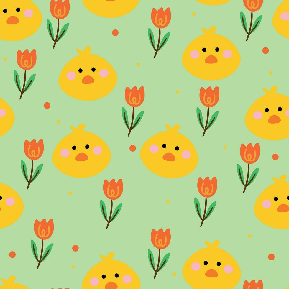 Seamless pattern with cute cartoon chicken and flowers for fabric print, textile, gift wrapping paper. colorful vector for textile, flat style