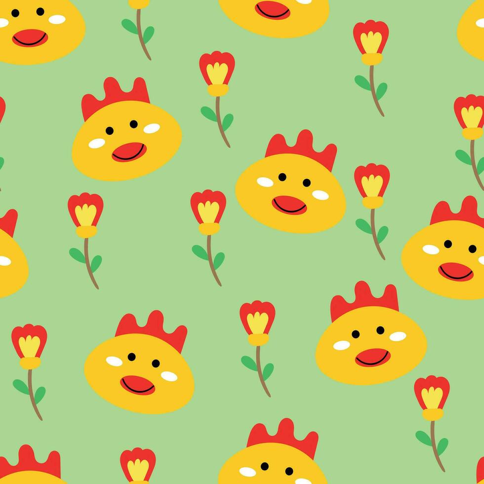 Seamless pattern with cute cartoon chicken and flowers for fabric print, textile, gift wrapping paper. colorful vector for textile, flat style