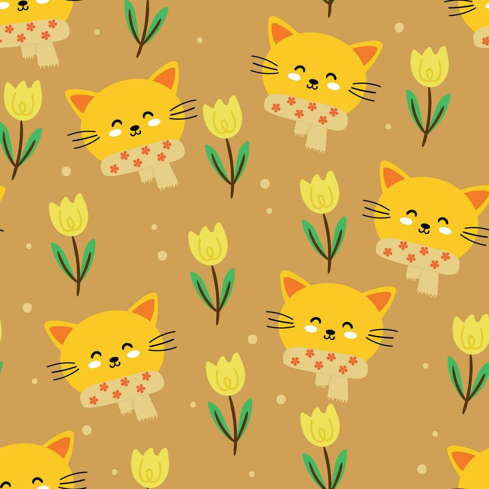 Seamless pattern with cute cartoon cats and flower for fabric print, textile, gift wrapping paper. colorful vector for kids, flat style