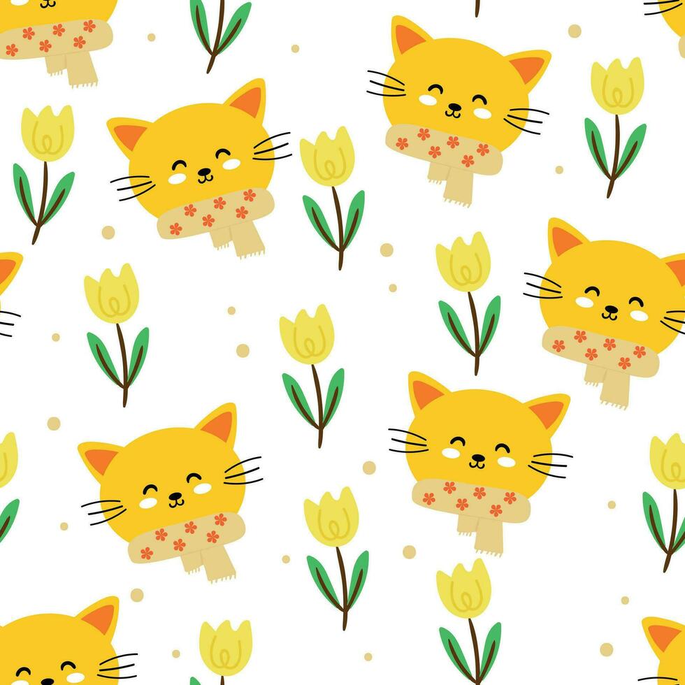 Seamless pattern with cute cartoon cats and flower for fabric print, textile, gift wrapping paper. colorful vector for kids, flat style