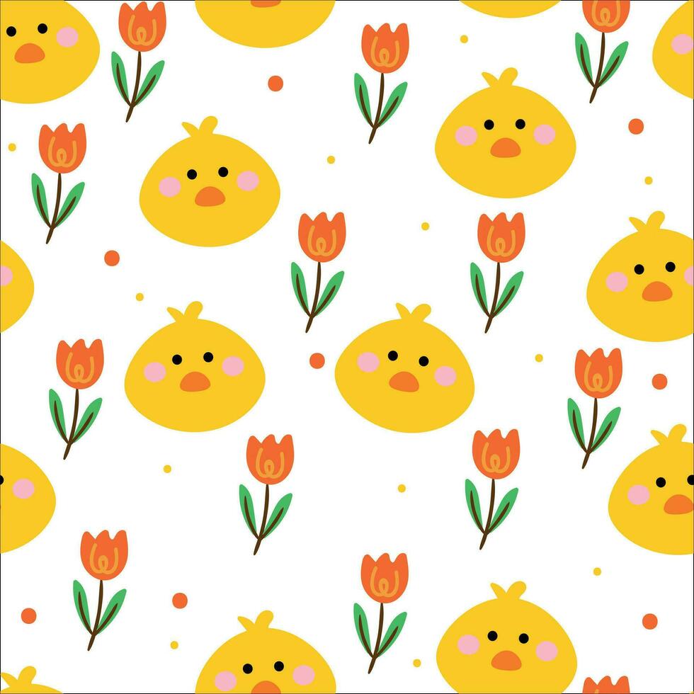 Seamless pattern with cute cartoon chicken and flowers for fabric print, textile, gift wrapping paper. colorful vector for textile, flat style