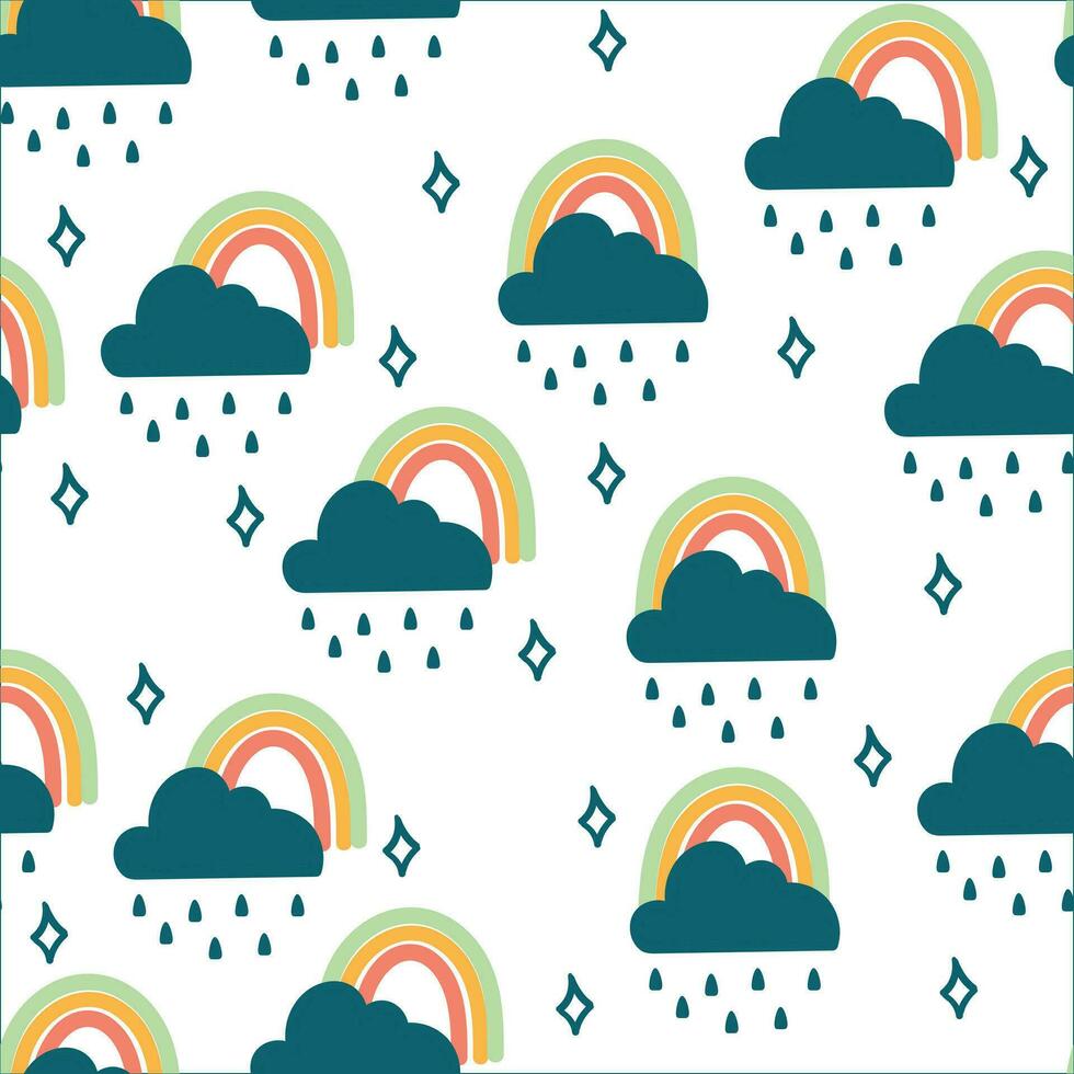 Seamless pattern of rainbow and rain clouds for fabric prints, textiles, gift wrapping paper. colorful vector for children, flat style