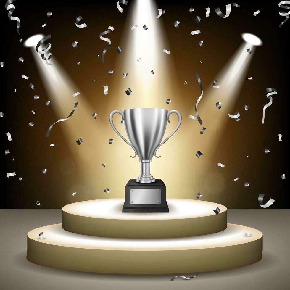Realistic Silver Trophy on Stage with Confetti Falling and Illuminated Spotlights, Vector Illustration