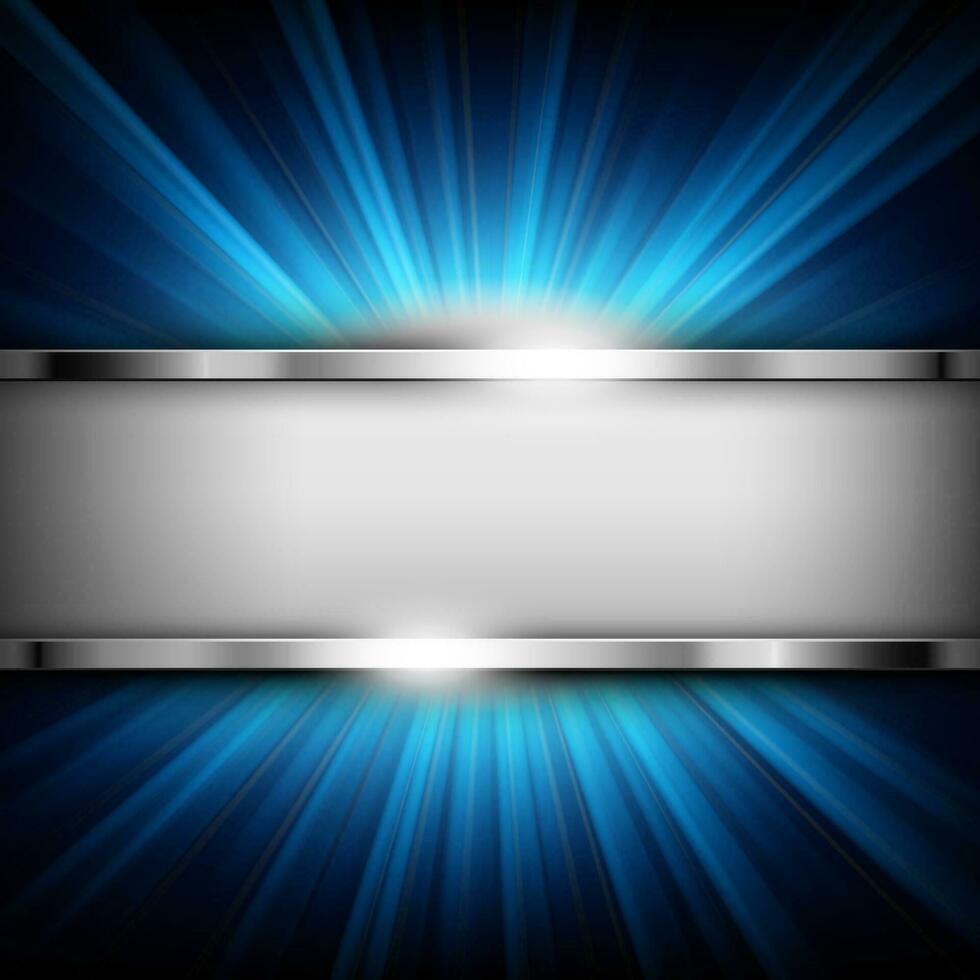 metálico cromo bandera con texto espacio en azul ligero iluminado, vector ilustración