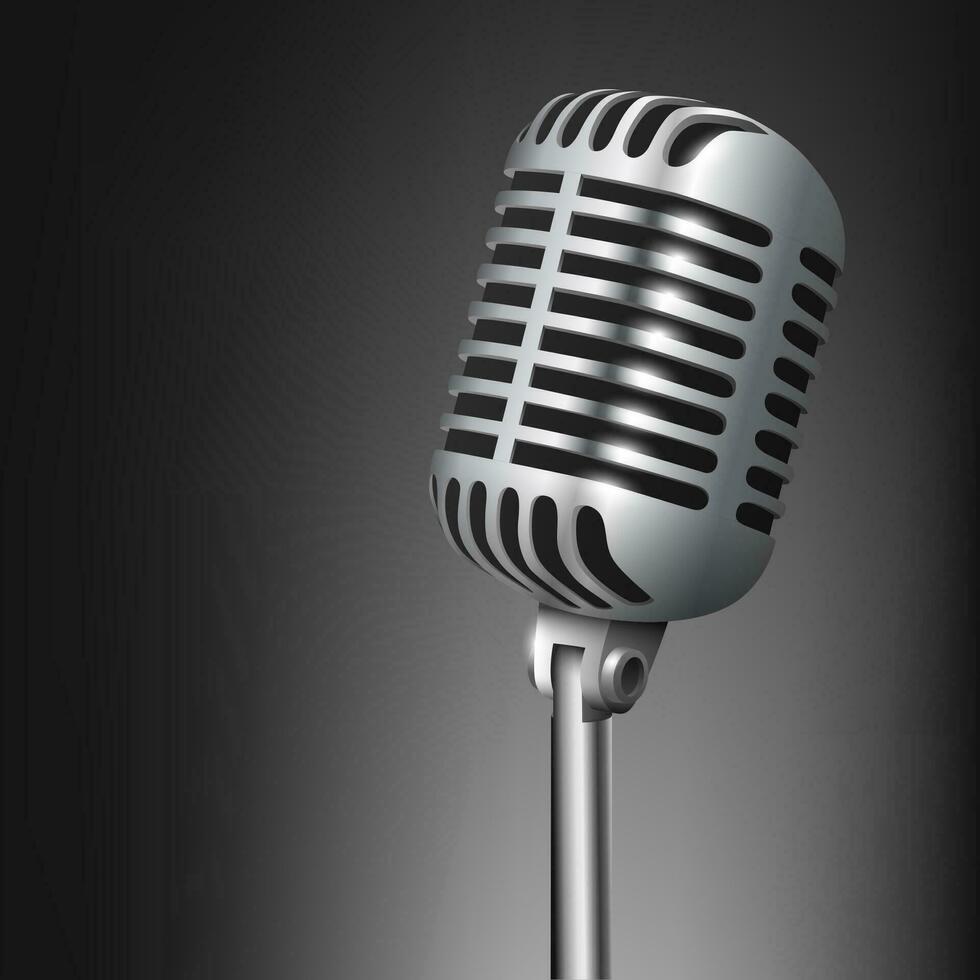 Vintage Metal Studio Microphone Isolated on Dark Background, Vector Illustration