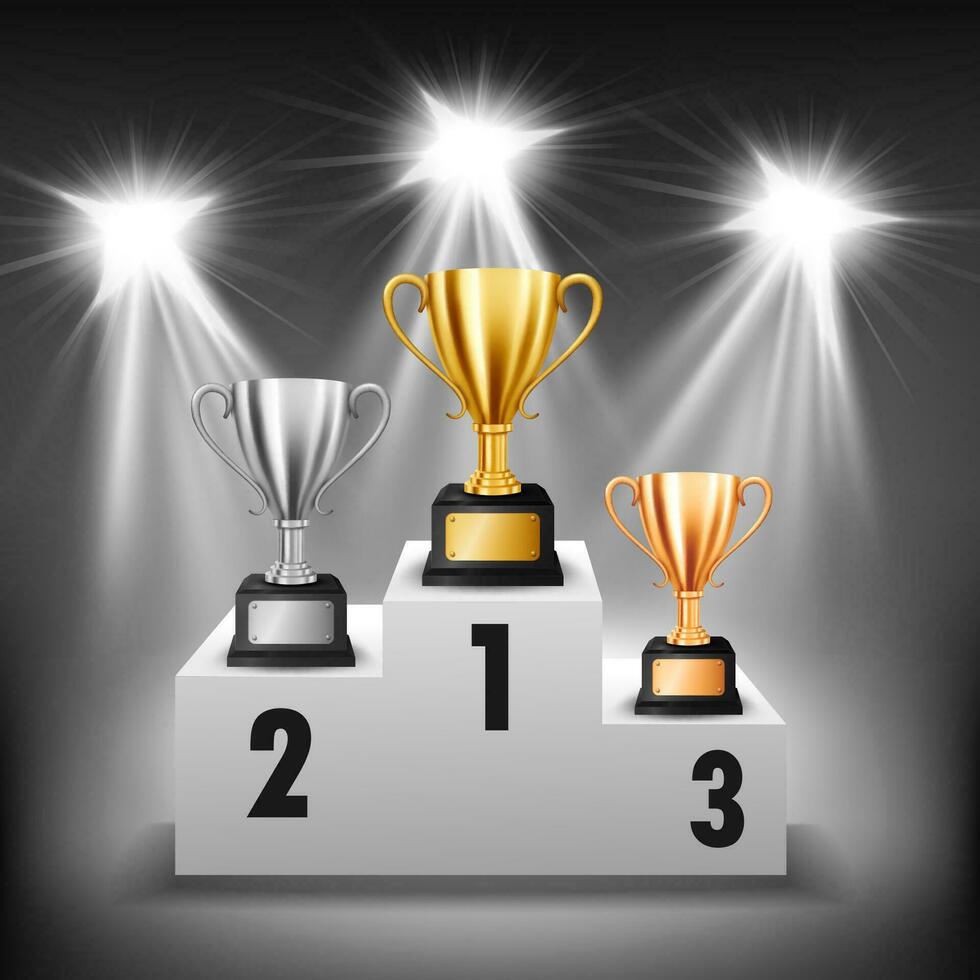 Winner Podium with 3 Trophies with Illuminated Spotlights, Vector Illustration