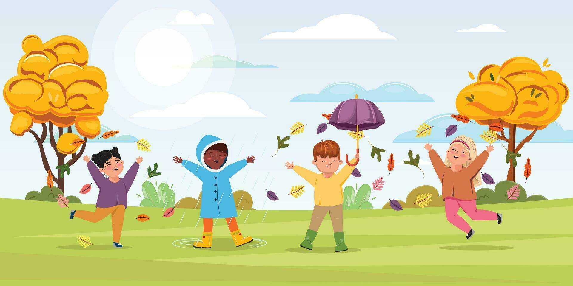 Happy children enjoying the weather and playing outside vector