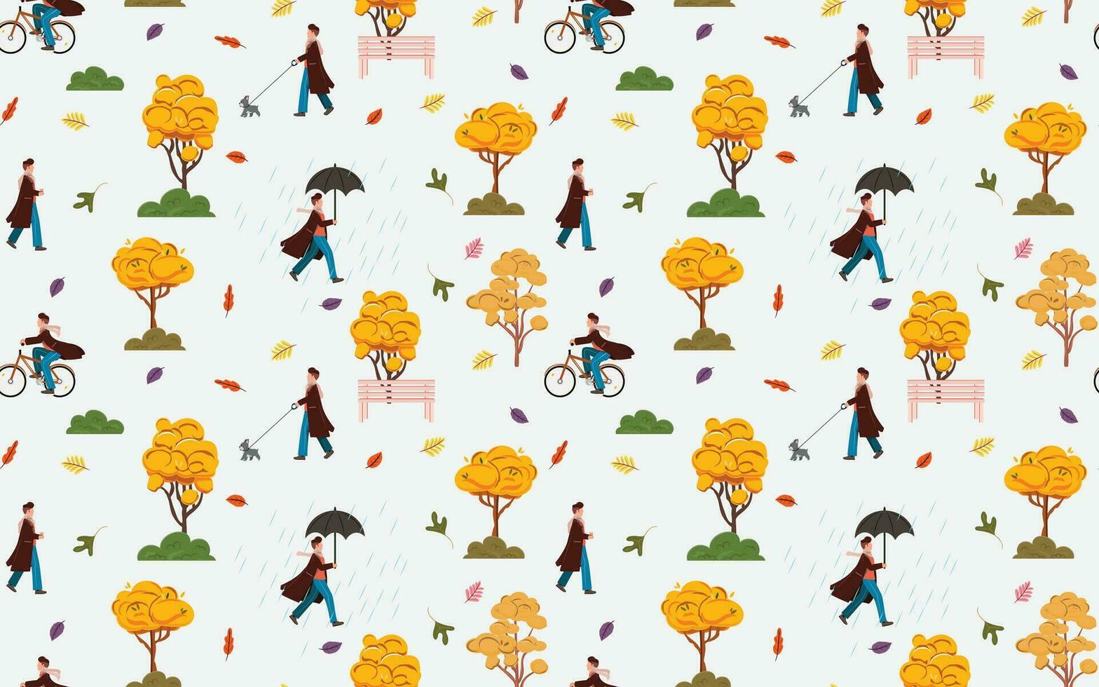 Collection of a man doing different leisure activities in autumn. Outdoor activities. Autumn seamless pattern. vector