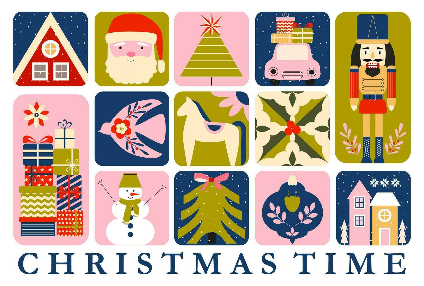 Christmas greeting card. Geometric retro vintage festive elements. Nutcracker, Santa, Christmas tree, snowman. Winter time. Holly Joly. Happy New year. vector