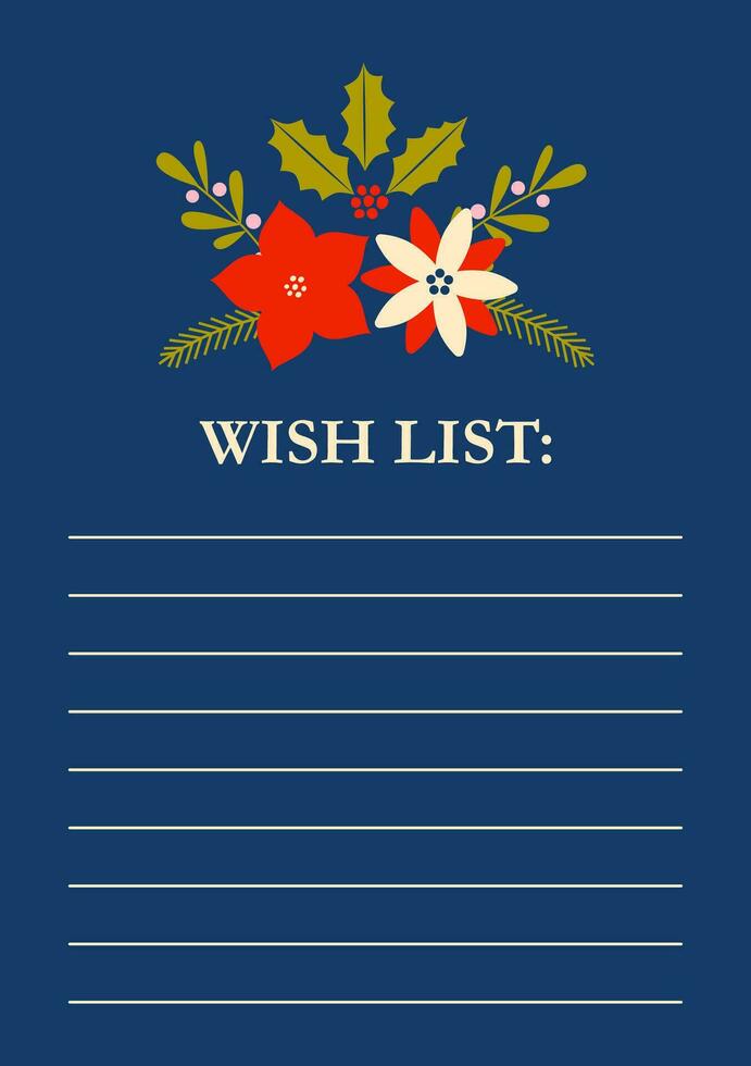 Winter wish list with flowers and Christmas tree branches. Checklist, organizer, to-do and bucket list. Template for ideas, notes. vector