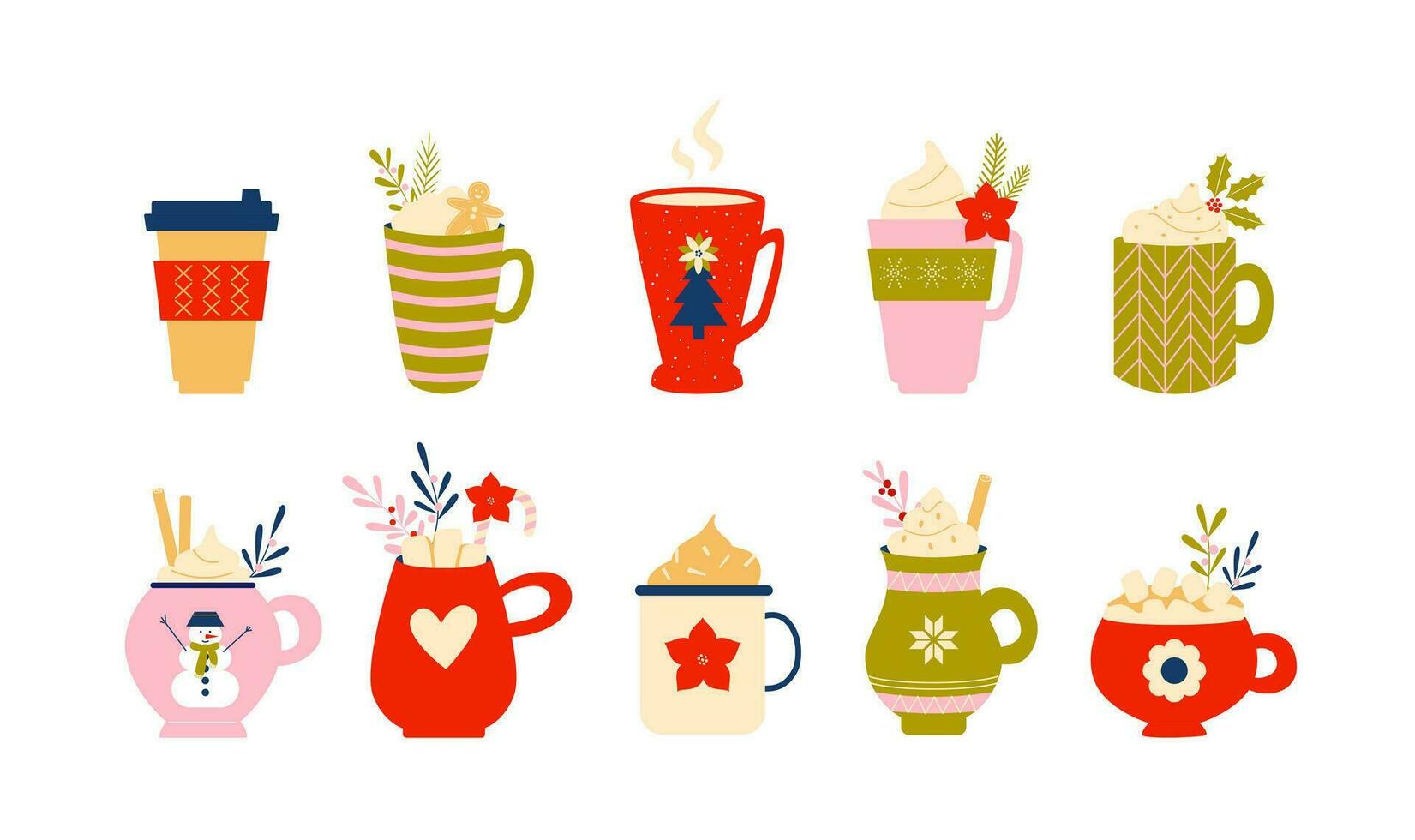 Set of winter hot drinks. Coffee, chocolate, marshmallow, cocoa. Christmas and New Year colorful mugs and cups. Retro vintage nostalgia. vector