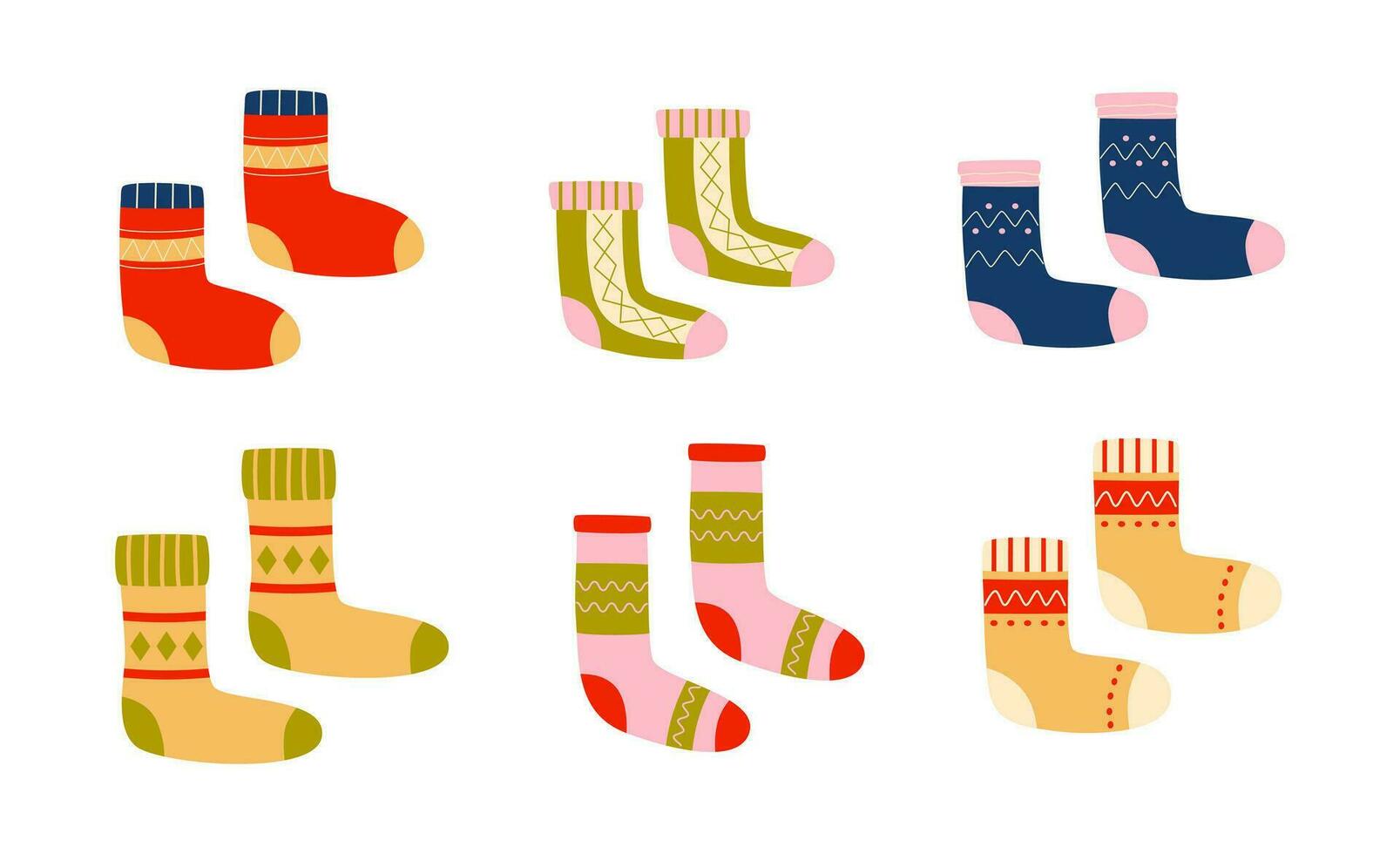 Winter colorful pairs of socks, stockings. Knitted foot wear. Cozy season. Christmas time, New Year. Retro vintage colors. vector