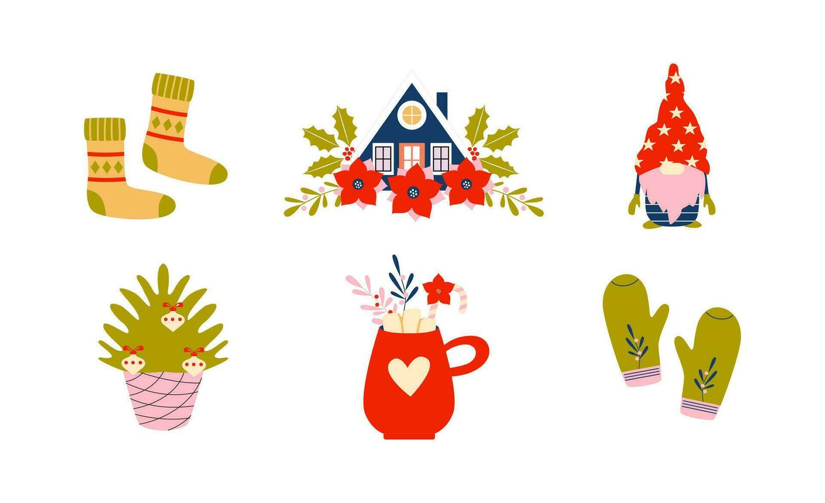 Christmas time clipart. Christmas tree, winter socks and mittens, gnome, festive winter house, hot drink. Cozy festive season. Retro vintage vibes. vector