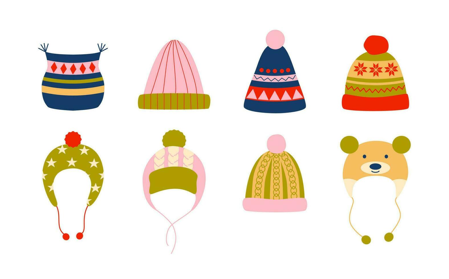 Knitted colorful hats, woolen headgear. Warm head wear. Autumn and winter accessories. Retro vintage colors. vector