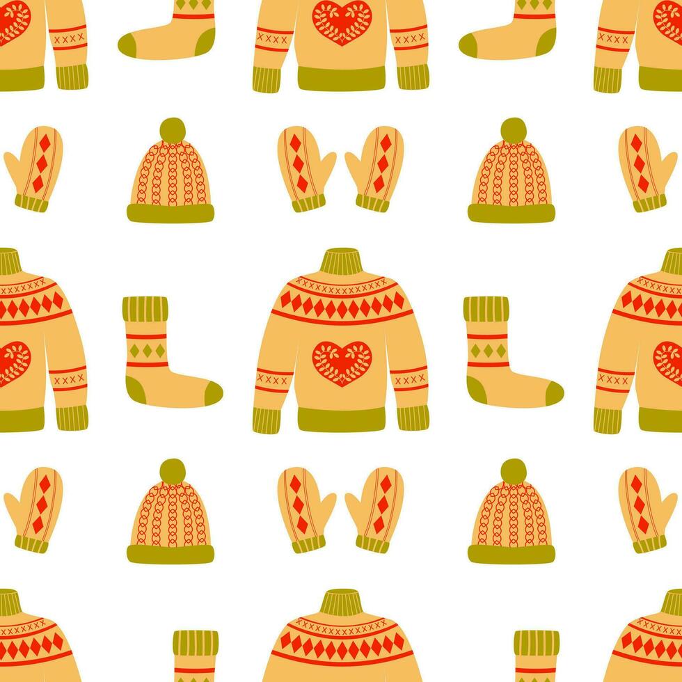 Cozy autumn and winter clothes seamless pattern. Ugly sweater, mittens, socks, hat. Christmas and New year season. Background, digital paper great for wrapping paper and wallpaper. vector