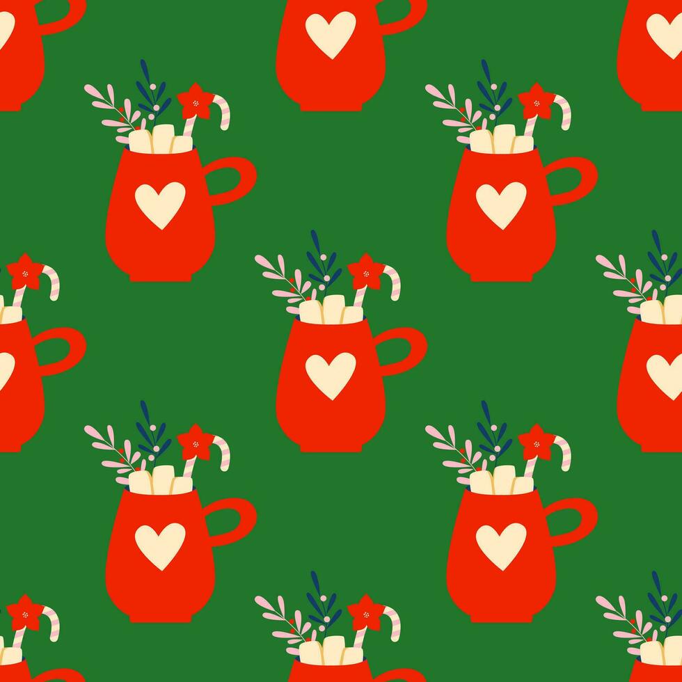 Winter hot drink seamless pattern, background. Coffee, chocolate, marshmallow, cocoa. Christmas and New Year colorful mugs and cups with branches. Retro vintage nostalgia. vector