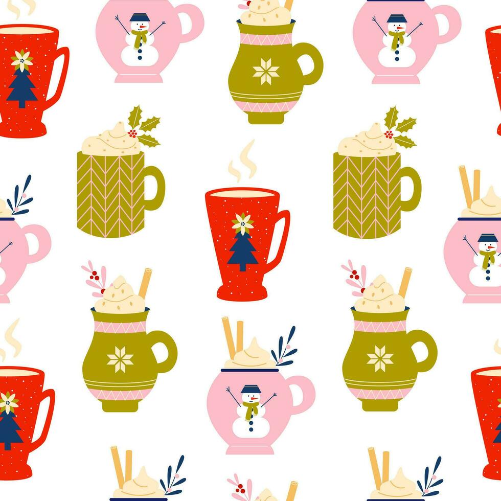 acogedor invierno caliente bebidas sin costura patrón, antecedentes. café, chocolate, malvavisco, cacao. Navidad y nuevo año tazas y tazas con sucursales, bayas y flores retro Clásico nostalgia. vector