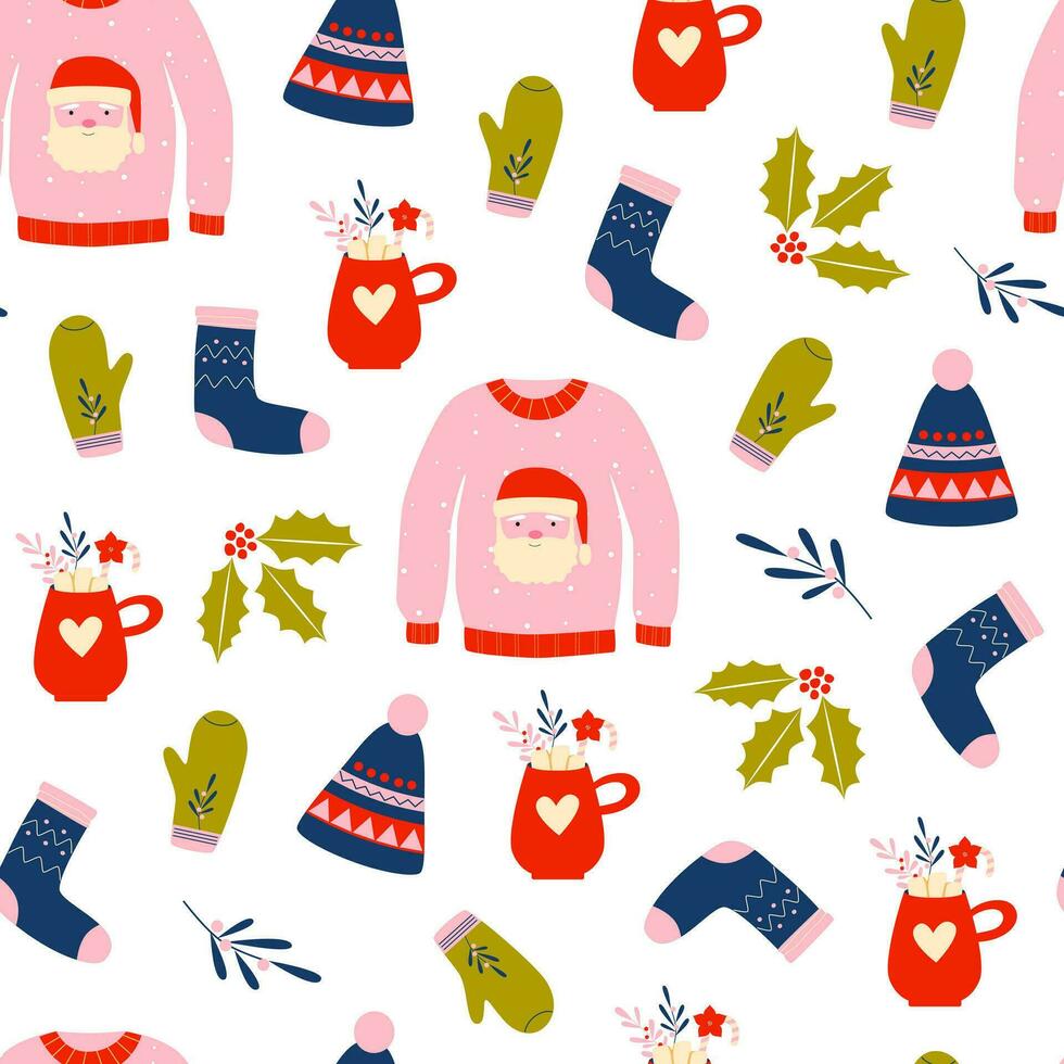 Winter essentials festive seamless pattern. Ugly sweater, socks, hat, mittens, hot drink, flowers. Christmas and New year mood. Retro vintage color palette. vector